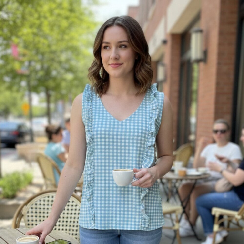 ⭐ Michelle McDowell Ruffle Gingham Top Size Medium